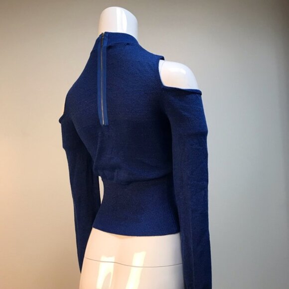 Bebe Royal Blue Sparkle Cold Shoulder Long Sleeve Top Medium - Picture 5 of 7